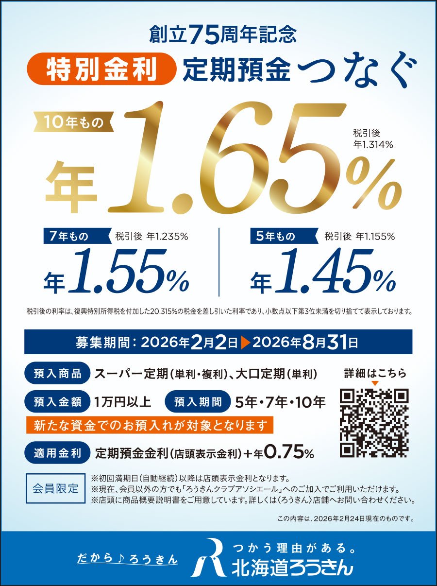創立75周年記念 特別金利 定期預金つなぐ