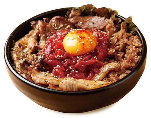 牛カルビ・豚トロ・鶏セセリ・牛ハラミ・生ハムユッケが乗った贅沢丼
