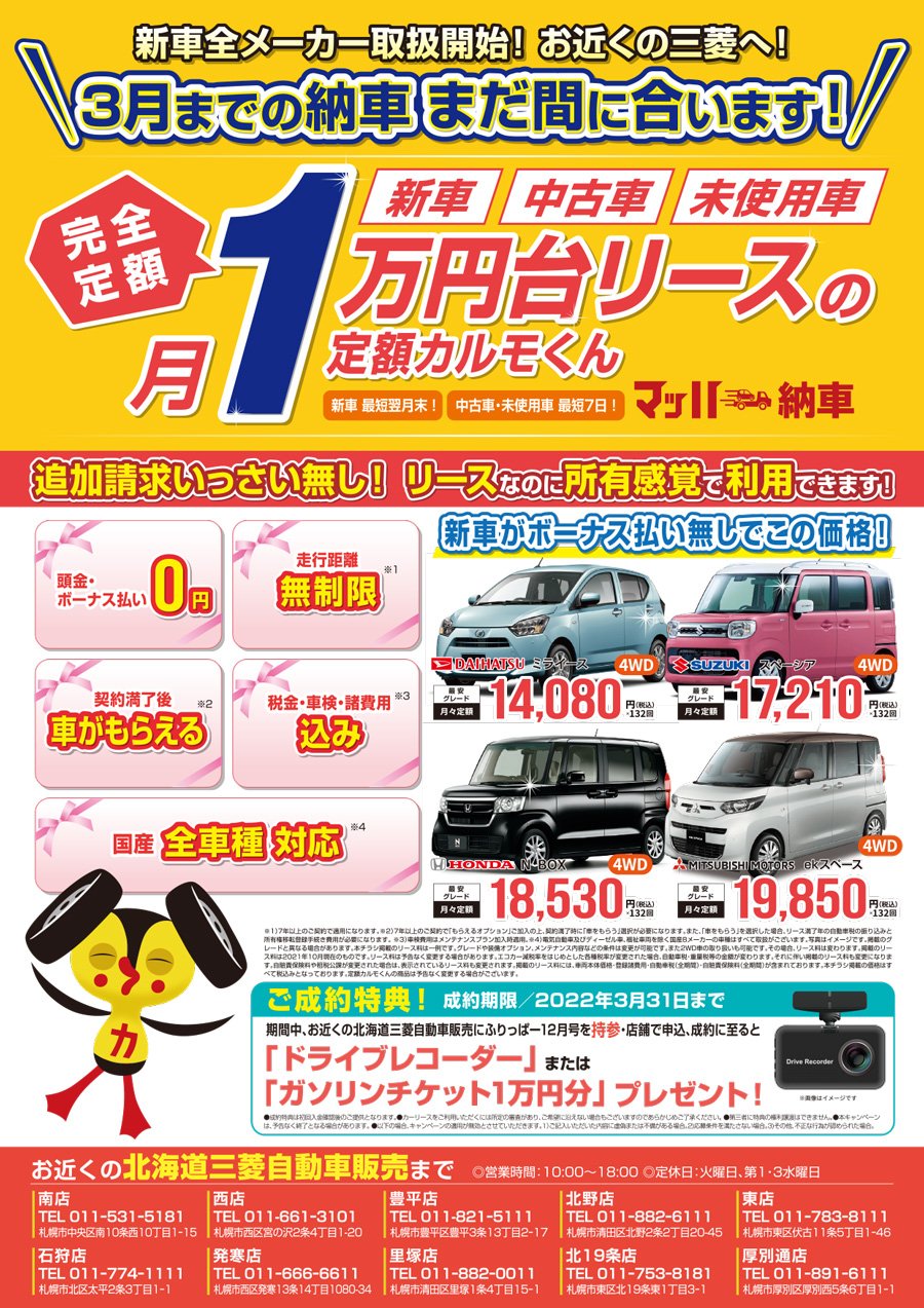 3月までの納車にまだ間に合います！　完全定額月1万円台リースの定額カルモくん