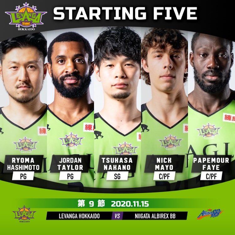 【Today's Starting5】0 #橋本竜馬2 #ジョーダン・テイラー7 #中野司10 #ファイパプ月瑠24 #ニック・メイヨ #B... [レバンガ北海道【Twitter】]