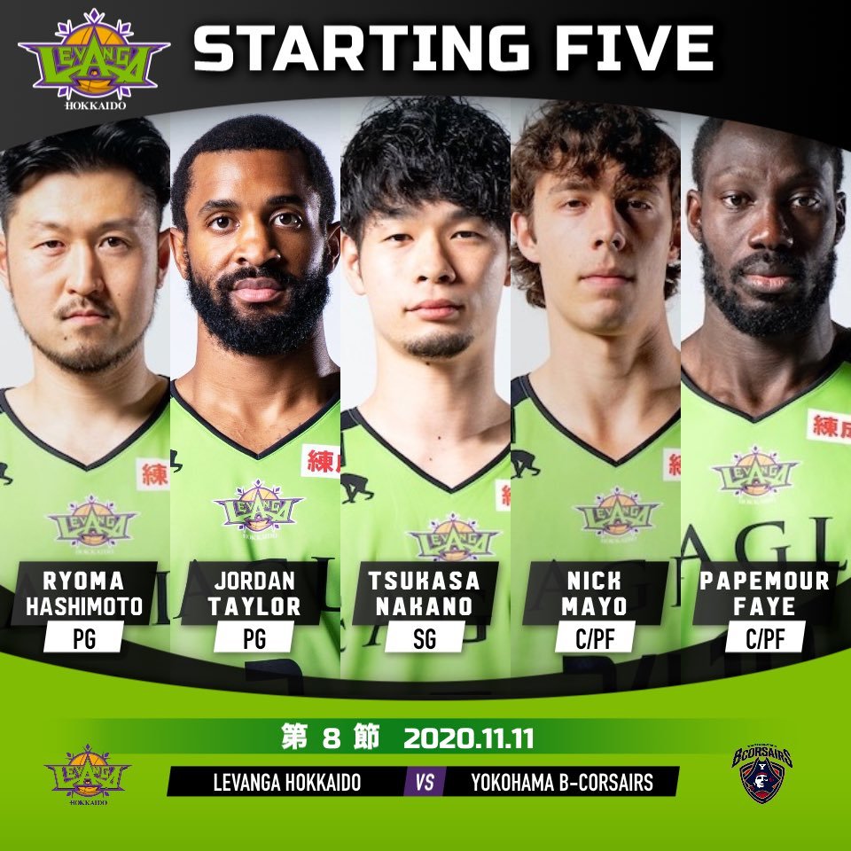 【Today's Starting5】0 #橋本竜馬2 #ジョーダン・テイラー7 #中野司10 #ファイパプ月瑠24 #ニック・メイヨ #B... [レバンガ北海道【Twitter】]