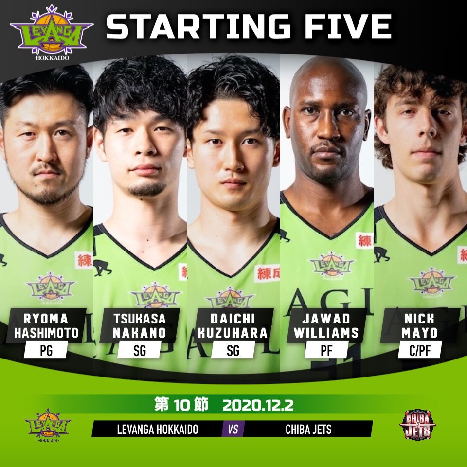 【Today's Starting5】0 #橋本竜馬5 #葛原大智7 #中野司24 #ニック・メイヨ 31 #ジャワッド・ウィリアムズ#Bリ... [レバンガ北海道【Twitter】]