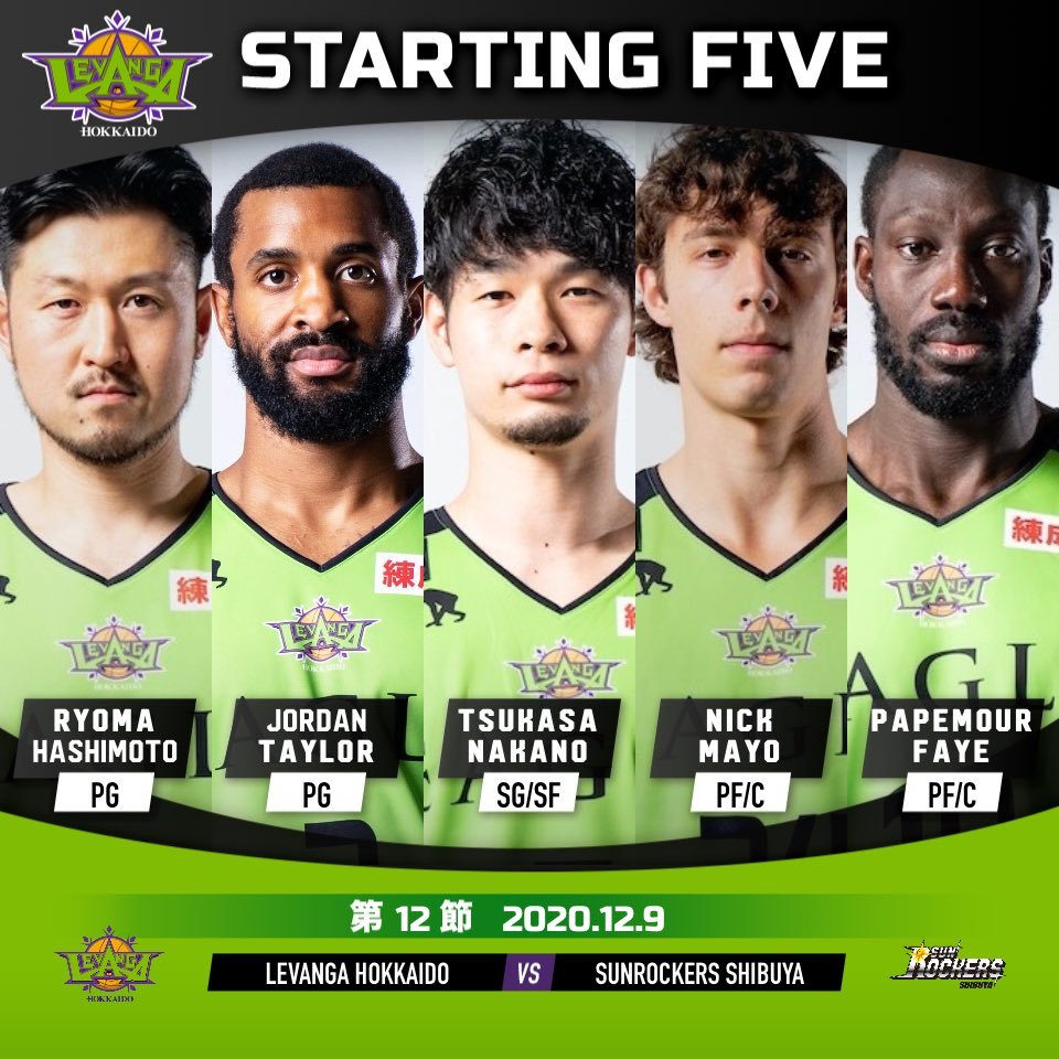 【Today's Starting5】0 #橋本竜馬2 #ジョーダン・テイラー7 #中野司10 #ファイパプ月瑠24 #ニック・メイヨ#Bリ... [レバンガ北海道【Twitter】]