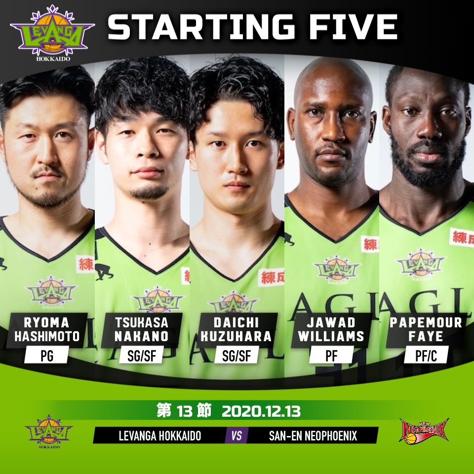 【Today's Starting5】0 #橋本竜馬5 #葛原大智7 #中野司10 #ファイパプ月瑠31 #ジャワッド・ウィリアムズ#Bリー... [レバンガ北海道【Twitter】]