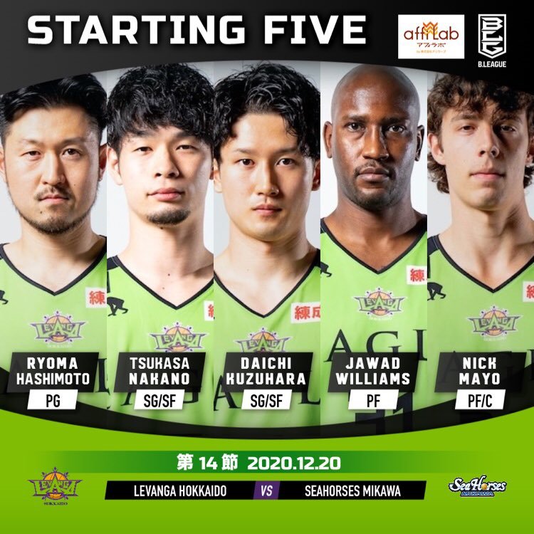 【Today's Starting5】0 #橋本竜馬5 #葛原大智7 #中野司24 #ニック・メイヨ31 #ジャワッド・ウィリアムズ#Bリー... [レバンガ北海道【Twitter】]