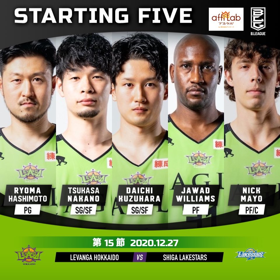 【Today's Starting5】0 #橋本竜馬5 #葛原大智7 #中野司24 #ニック・メイヨ31 #ジャワッド・ウィリアムズ#Bリー... [レバンガ北海道【Twitter】]