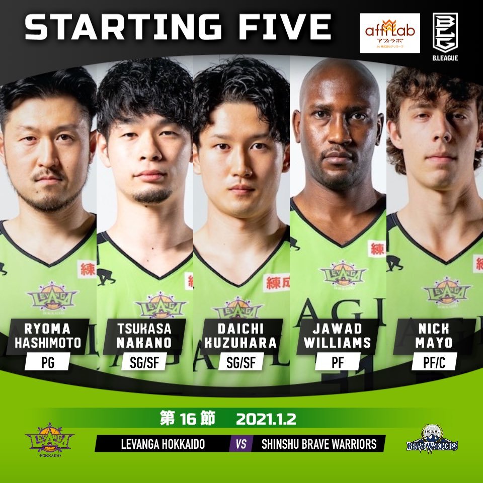 【Today's Starting5】0 #橋本竜馬5 #葛原大智7 #中野司24 #ニック・メイヨ31 #ジャワッド・ウィリアムズ#Bリー... [レバンガ北海道【Twitter】]