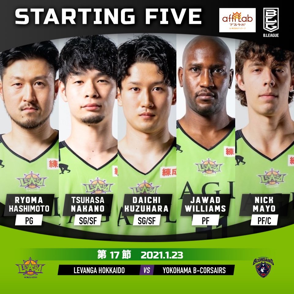 【Today's Starting5】0 #橋本竜馬5 #葛原大智7 #中野司24 #ニック・メイヨ31 #ジャワッド・ウィリアムズ#Bリー... [レバンガ北海道【Twitter】]