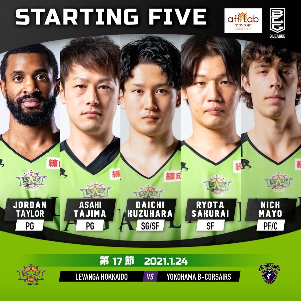 【Today's Starting5】2 #ジョーダン・テイラー5 #葛原大智8 #多嶋朝飛11 #桜井良太24 #ニック・メイヨ#Bリーグ... [レバンガ北海道【Twitter】]