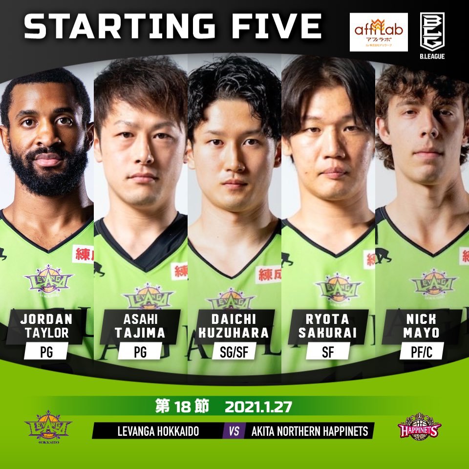 【Today's Starting5】2 #ジョーダン・テイラー5 #葛原大智8 #多嶋朝飛11 #桜井良太24 #ニック・メイヨ#Bリーグ... [レバンガ北海道【Twitter】]