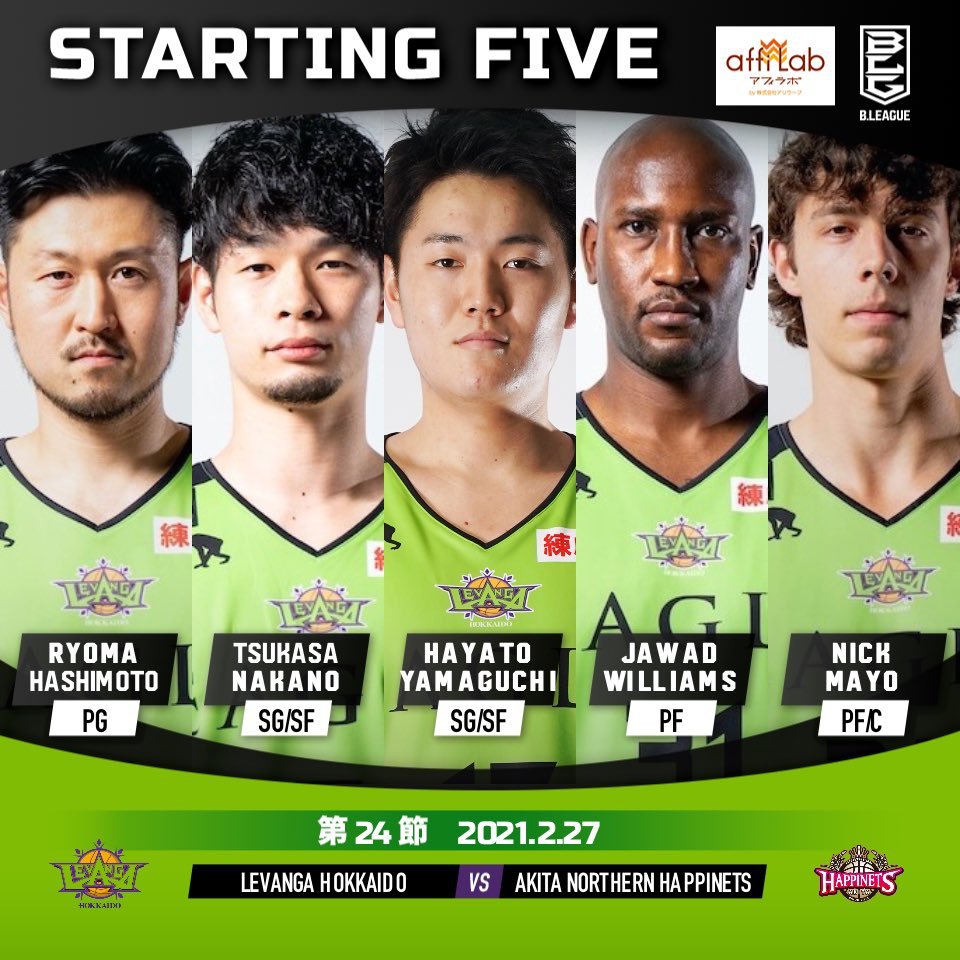 【Today's Starting5】0 #橋本竜馬7 #中野司17 #山口颯斗24 #ニック・メイヨ31 #ジャワッド・ウィリアムズ#Bリ... [レバンガ北海道【Twitter】]