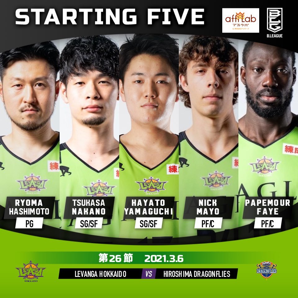 【Today's Starting5】0 #橋本竜馬7 #中野司10 #ファイパプ月瑠17 #山口颯斗24 #ニック・メイヨ#Bリーグ 20... [レバンガ北海道【Twitter】]