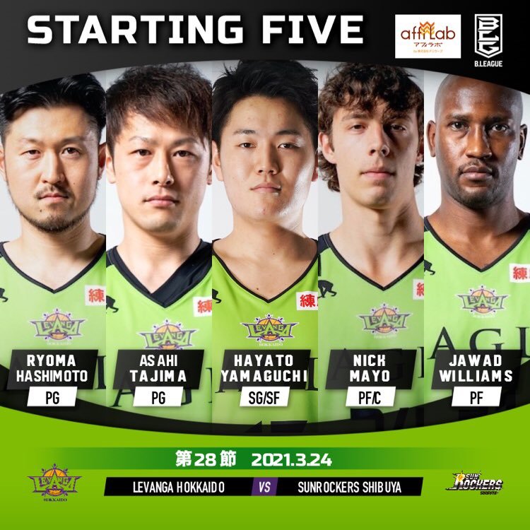 【Today's Starting5】0 #橋本竜馬8 #多嶋朝飛17 #山口颯斗24 #ニック・メイヨ31 #ジャワッド・ウィリアムズ#B... [レバンガ北海道【Twitter】]