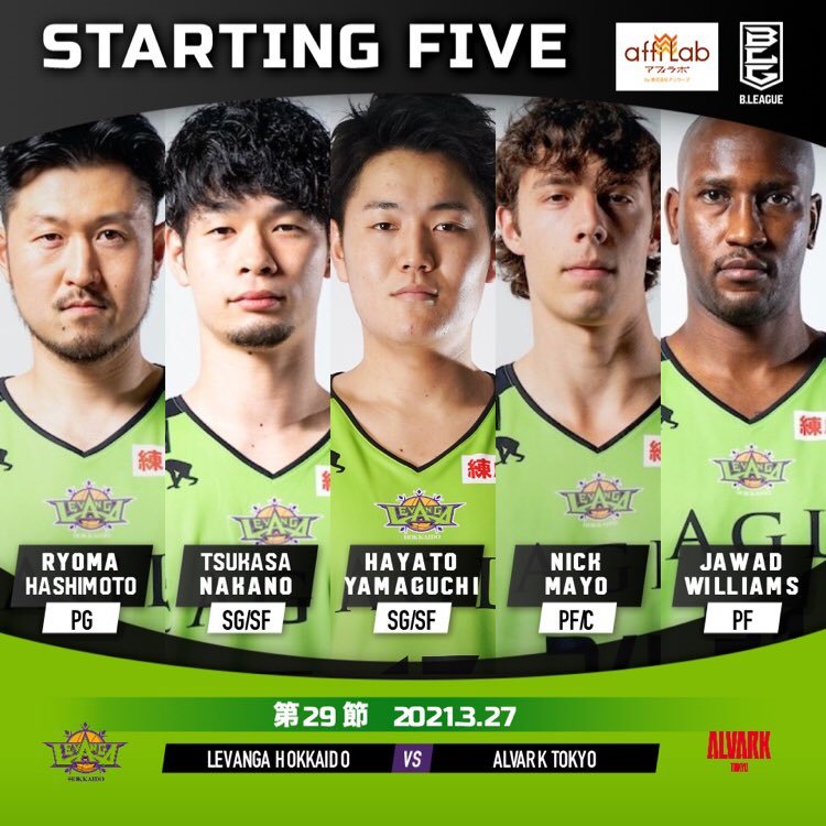 【Today's Starting5】0 #橋本竜馬7 #中野司17 #山口颯斗24 #ニック・メイヨ31 #ジャワッド・ウィリアムズ#Bリ... [レバンガ北海道【Twitter】]