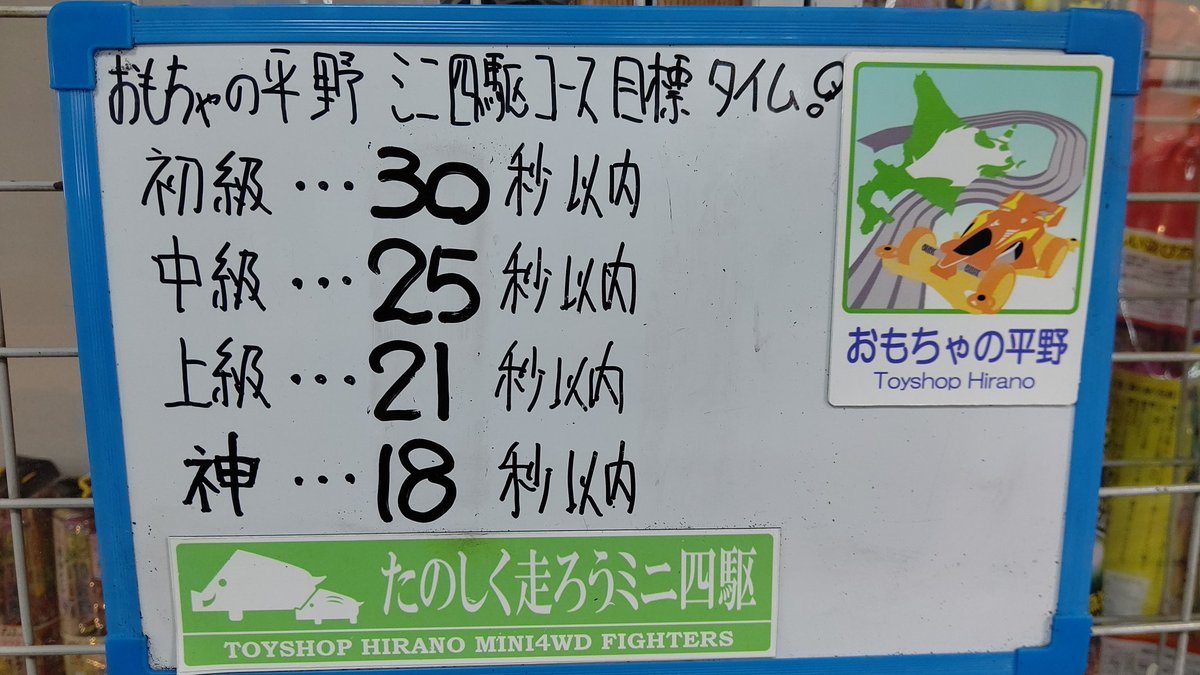 おもちゃの平野ミニ四駆コース目標タイム設定しました！神様いらっしゃーい(笑) [おもちゃの平野【Twitter】]