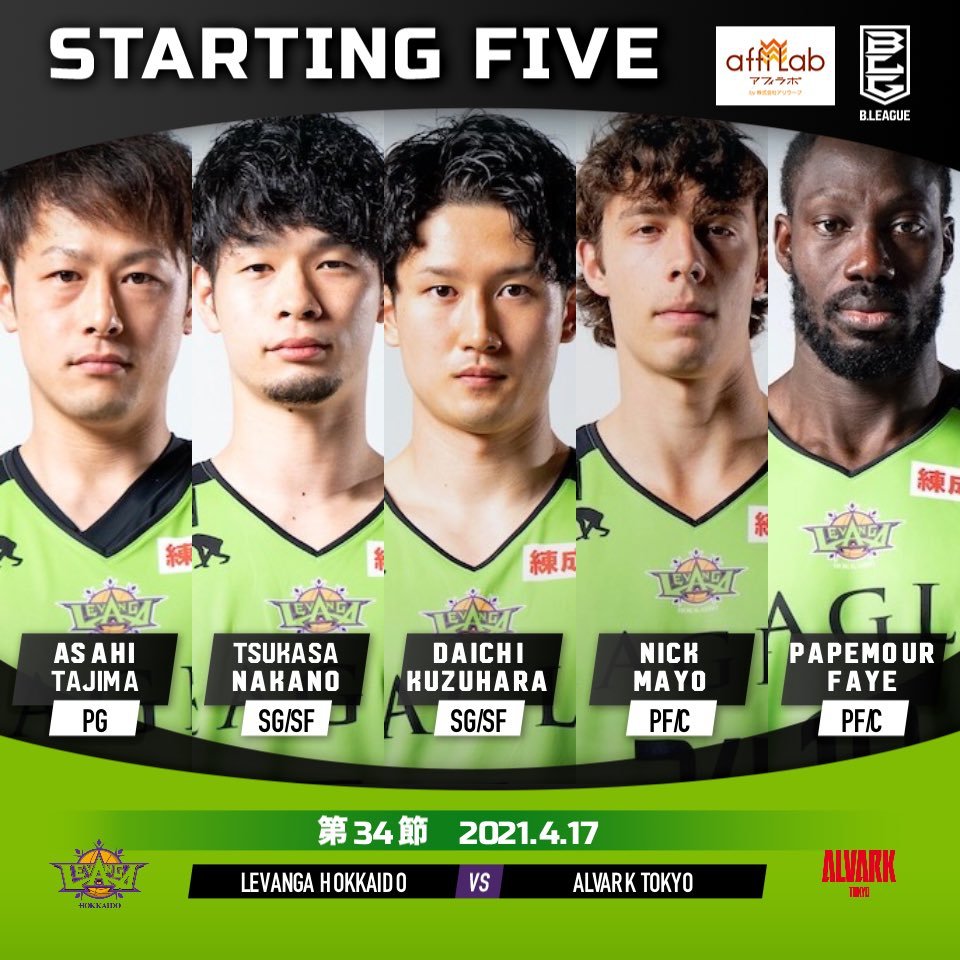 【Today's Starting5】5 #葛原大智7 #中野司8 #多嶋朝飛10 #ファイパプ月瑠24 #ニック・メイヨ#Bリーグ 202... [レバンガ北海道【Twitter】]