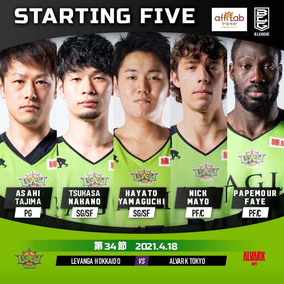 【Today's Starting5】7 #中野司8 #多嶋朝飛10 #ファイパプ月瑠17 #山口颯斗24 #ニック・メイヨ#Bリーグ 20... [レバンガ北海道【Twitter】]