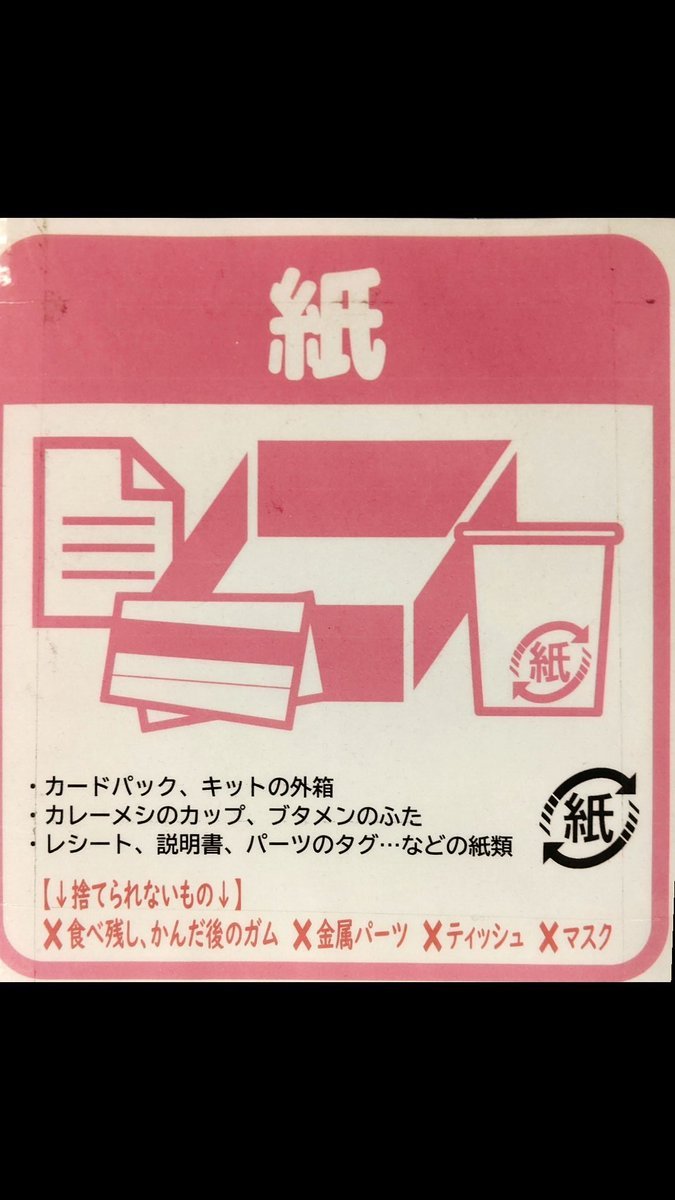 ティッシュのような柔らかい紙類、かんだ後のガムはお持ち帰りください。ミニ四駆パーツのタグと袋は紙とプラ(透明の袋)に分別して... [おもちゃの平野【Twitter】]