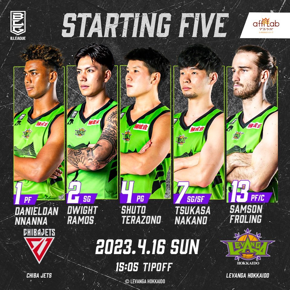 Today's Starting51 #ナナーダニエル弾2 #ドワイト・ラモス4 #寺園脩斗7 #中野司13 #サムソン・フローリングTod... [レバンガ北海道【Twitter】]